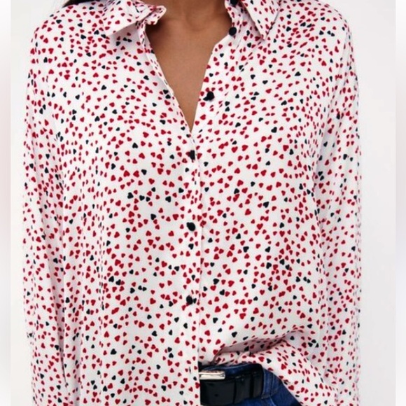 Zara Top Shirt Women L Satin Heart Confetti Red White Button  Oversized Love - Picture 1 of 8